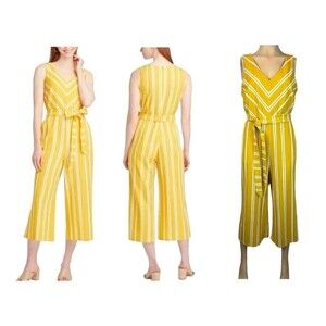 Ann Taylor Factory Jumpsuit  Women's M  V-Neck Cropped Wide Leg Yellow Stripe